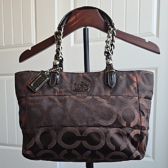 Coach Madison Tribeca Op Art Signature Brown Tote Bag Silver Chain Strap EUC - Picture 1 of 15
